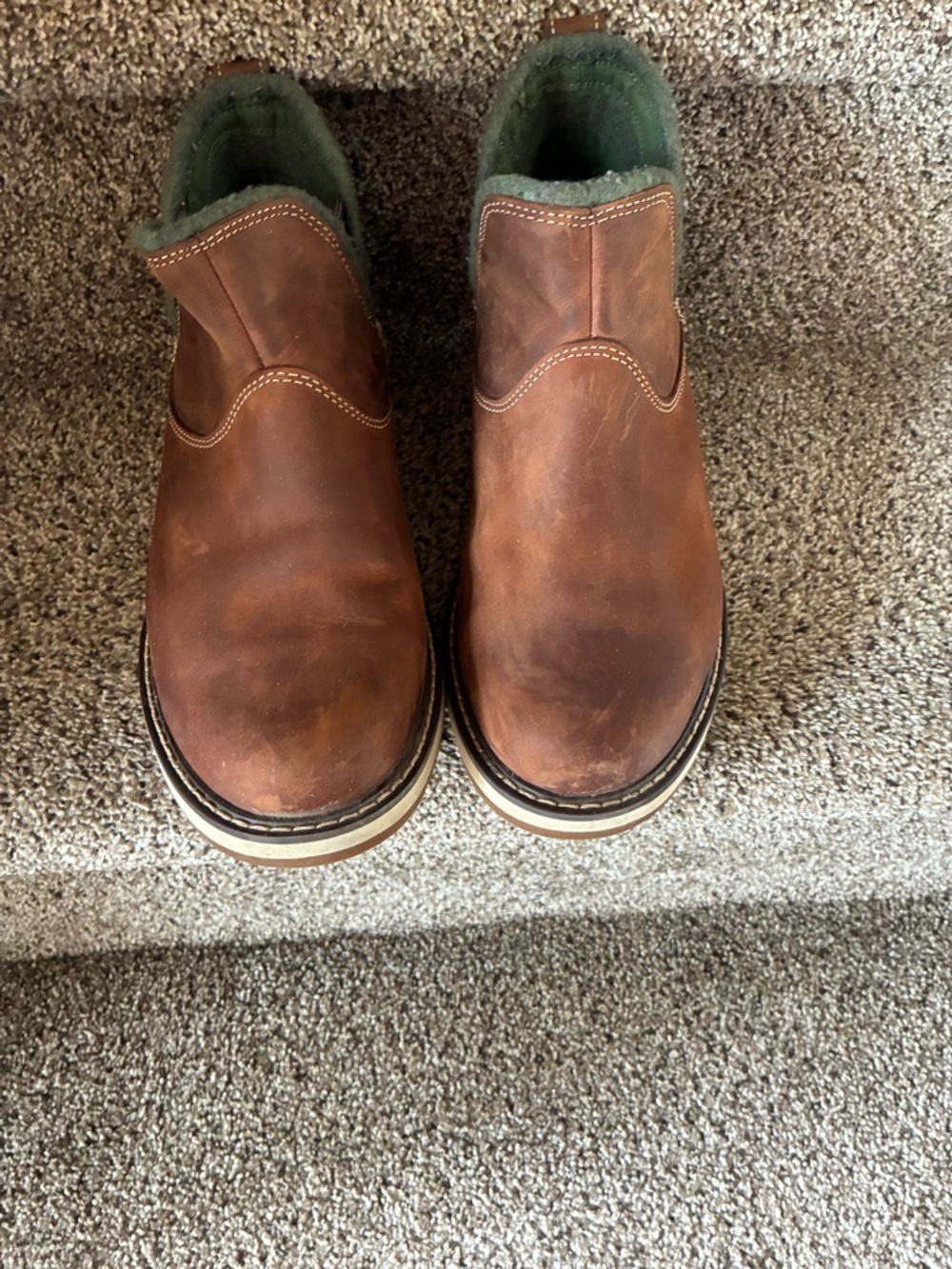 L.L. Bean Brown Leather Pull-On Ankle Booties with Green Lining